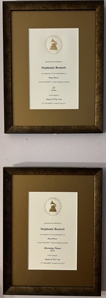 Grammy® certificates for playing harp on 2 ALBUM OF THE YEAR winners - 21 by Adele & Morning Phase by Beck